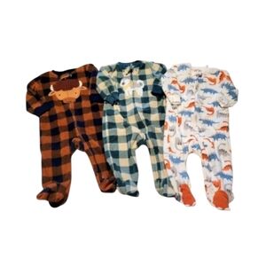 Carter's Fleece Brown Green Plaid Dinosaur Onsie Bundle Set Size 3 To 6 Months